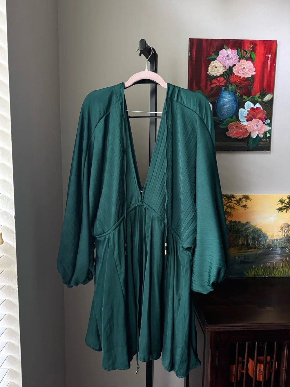 Free people Emerald Green V-Neck Mini Dress with Tie Waist - Picture 3 of 11